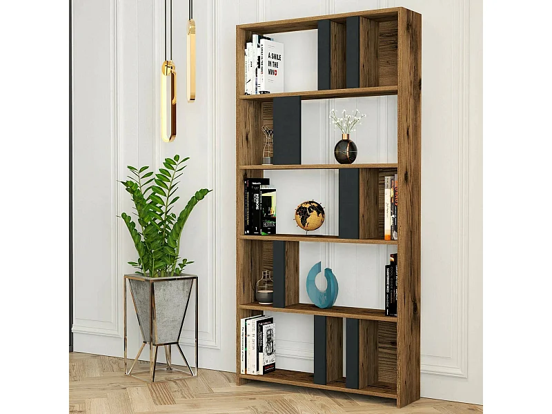 Bibliothèque Algieba, Etagère de bureau, Porte-livre mobile, Librairie, 90x20h180 cm, Noyer et Anthracite