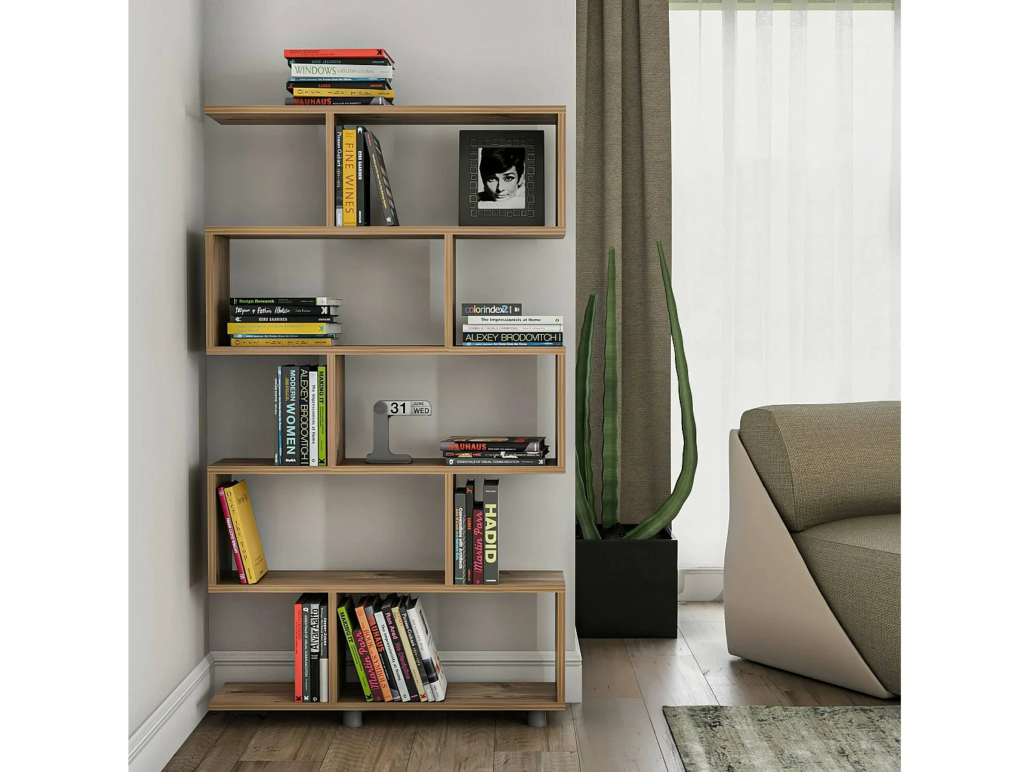 Bibliothèque Hamal, Etagère de bureau, Porte-livre mobile, Librairie, 90x20h156 cm, Chêne