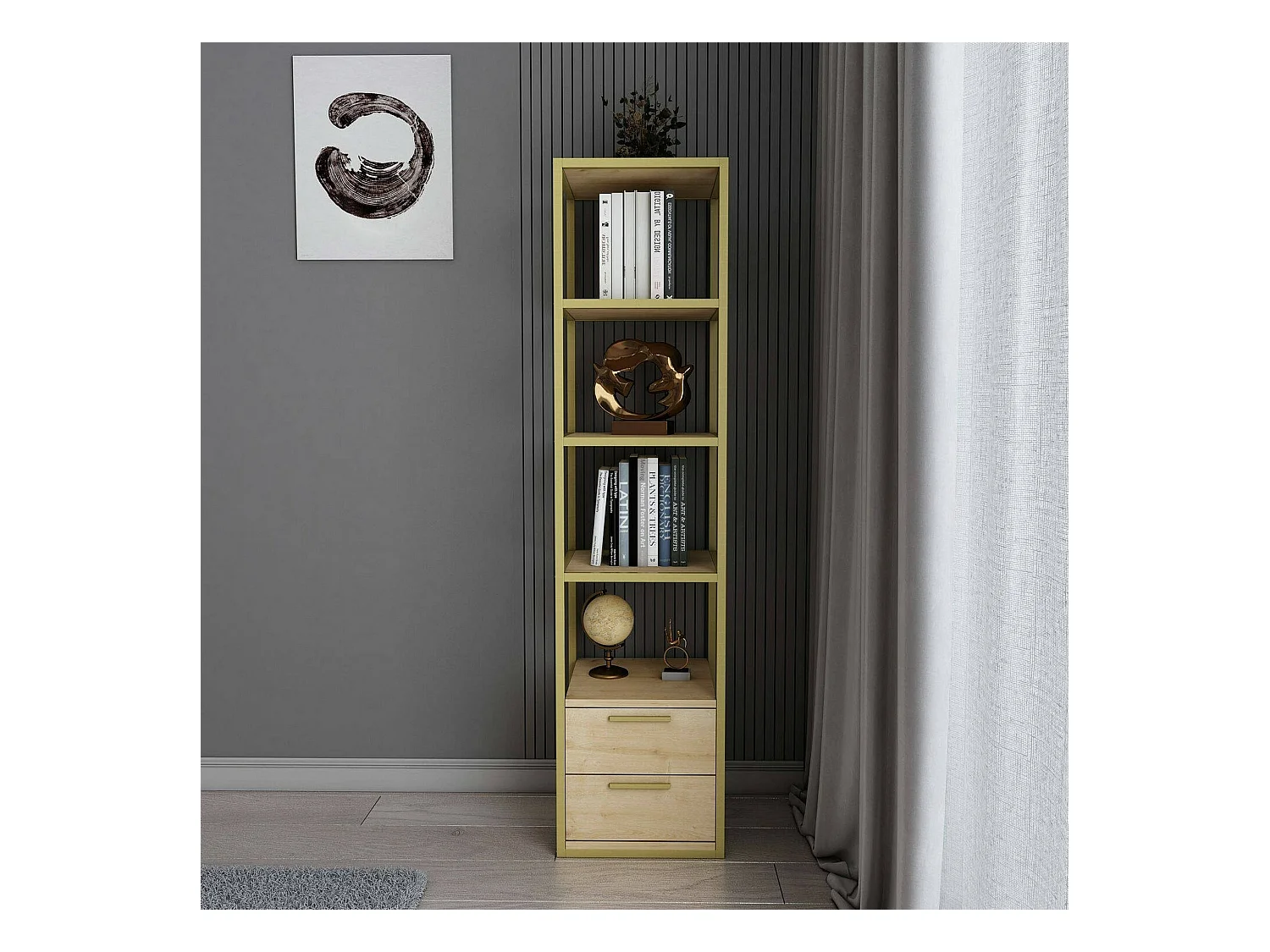 Estante para libros Dfogliat, Estante de oficina, Porta libros móvil, Biblioteca, 39x39h169 cm, Oro y Roble