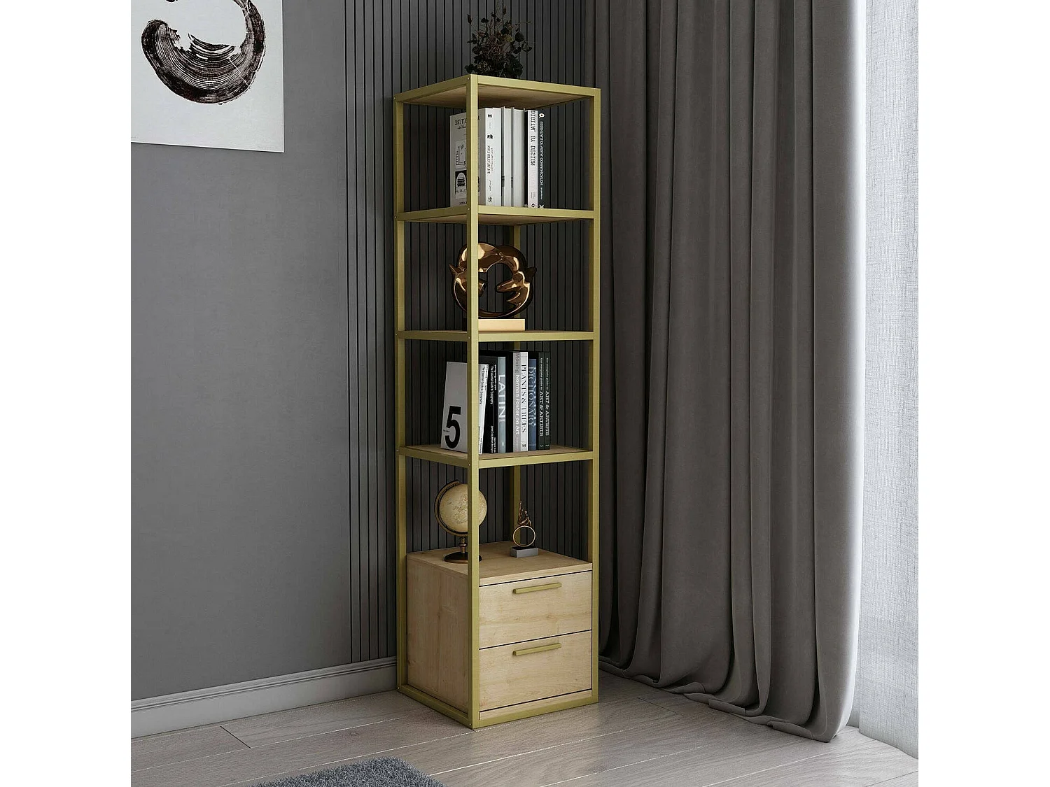 Estante para libros Dfogliat, Estante de oficina, Porta libros móvil, Biblioteca, 39x39h169 cm, Oro y Roble