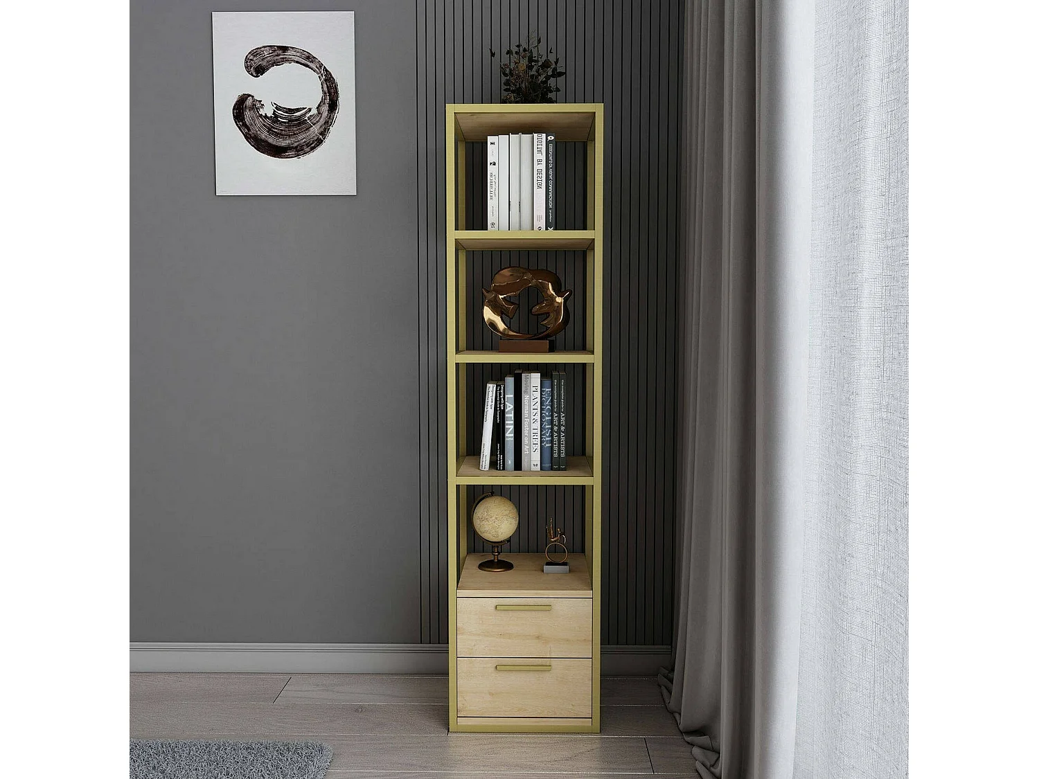 Bibliothèque Artemis, Etagère de bureau, Porte-livre mobile, Librairie, 39x39h169 cm, Or et Chêne