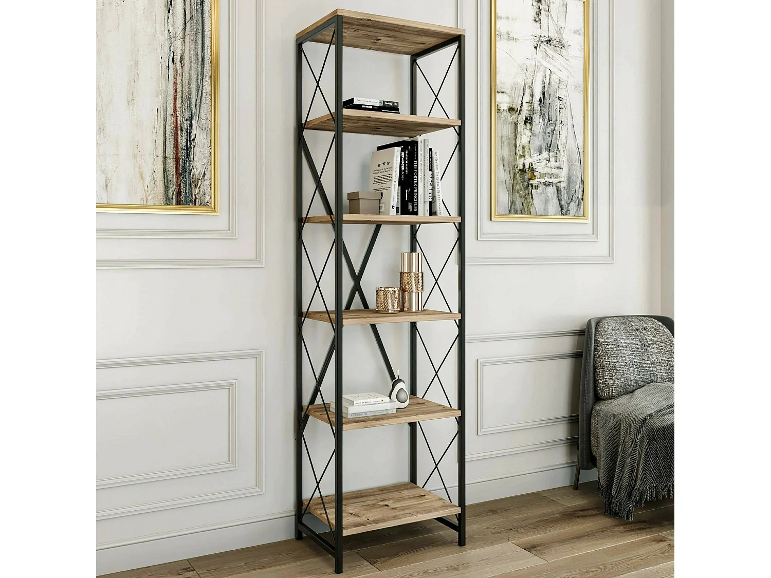 Dpoll-boekenkast, kantoorplank, boekenkast, bibliotheek, 50x30h180 cm, eik en zwart