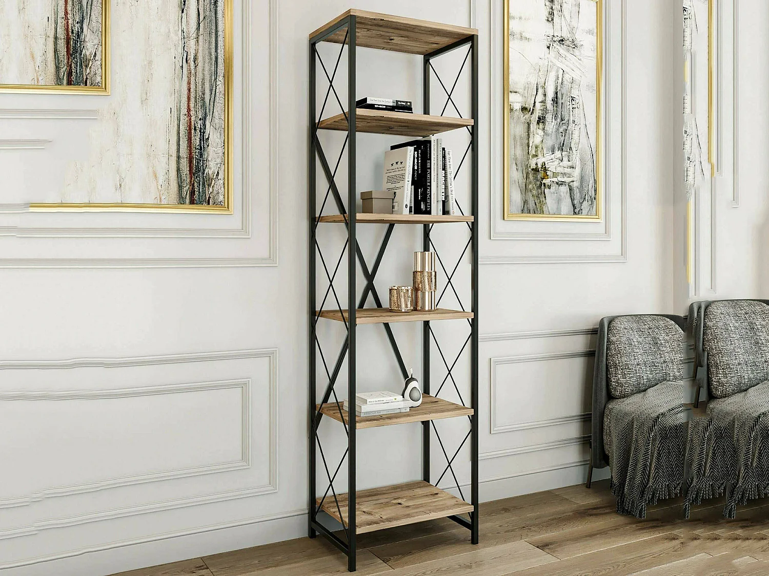 Estante para libros Dpoll, Estante de oficina, Porta libros móvil, Biblioteca, 50x30h180 cm, Roble y Negro