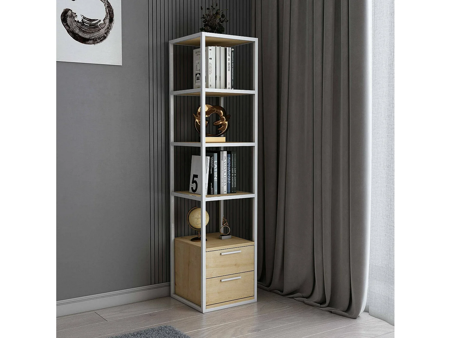 Bibliothèque Artemis, Etagère de bureau, Porte-livre mobile, Librairie, 39x39h169 cm, Blanc et chêne