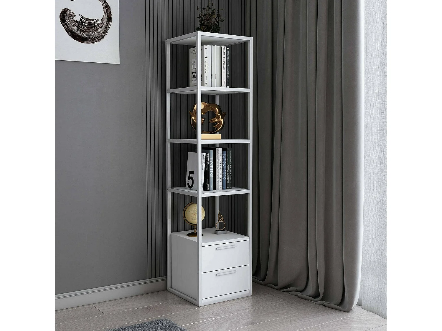 Estante para libros Dfogliat, Estante de oficina, Porta libros móvil, Biblioteca, 39x39h169 cm, Blanco