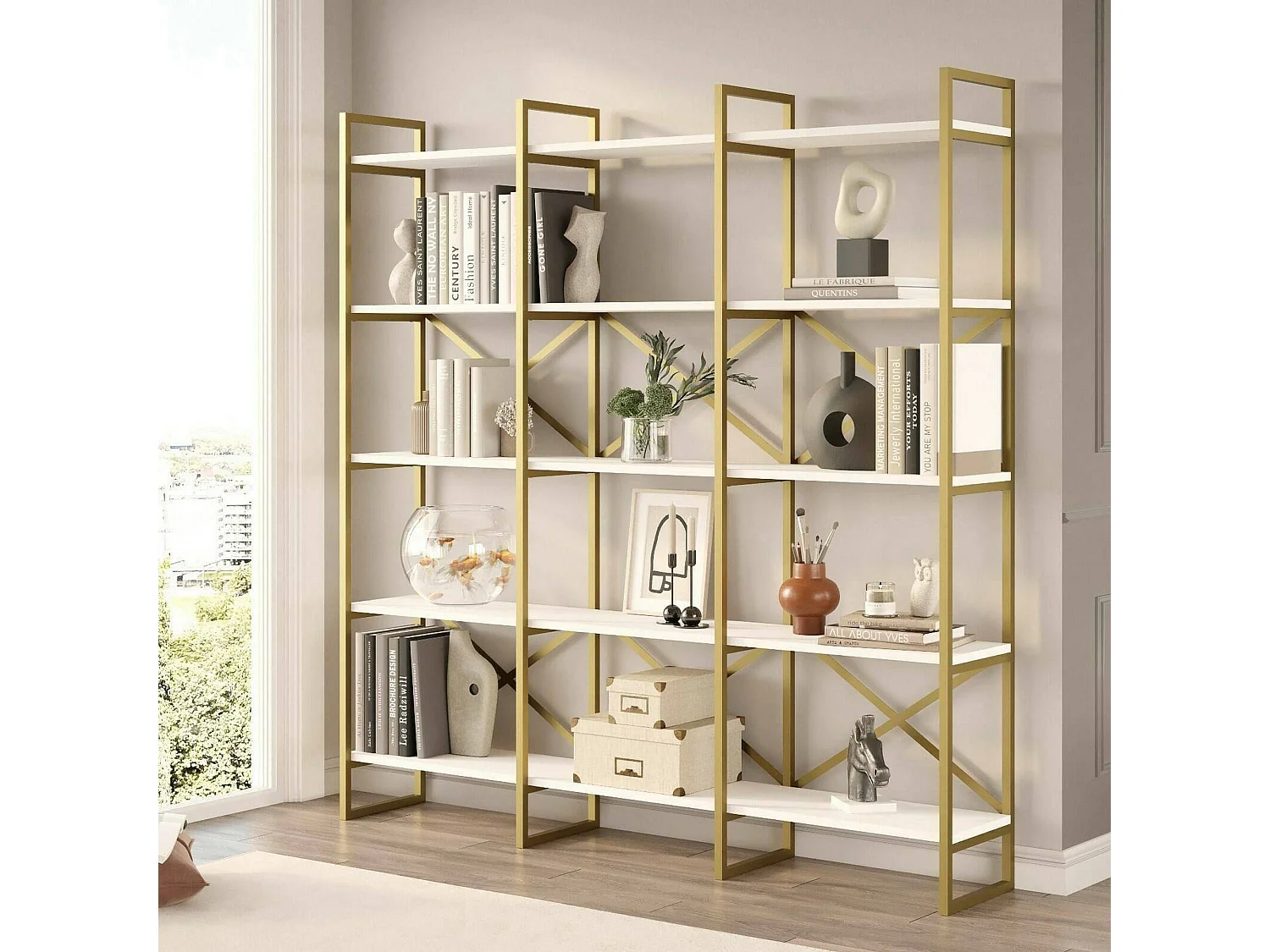 Bibliothèque Sagit, Etagère de bureau, Porte-livre mobile, Librairie, 170x30h175 cm, Blanc et Or