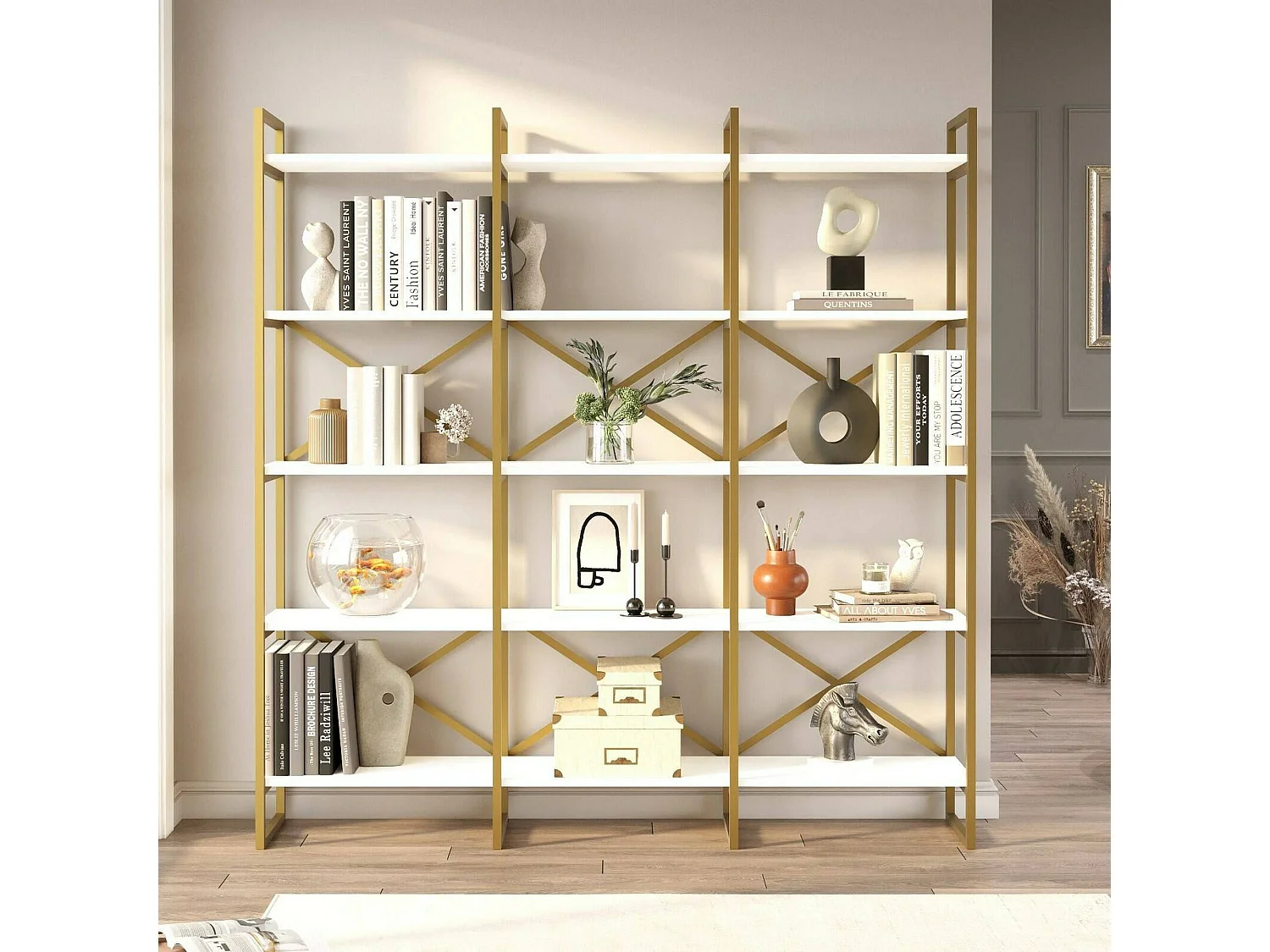 Bibliothèque Sagit, Etagère de bureau, Porte-livre mobile, Librairie, 170x30h175 cm, Blanc et Or