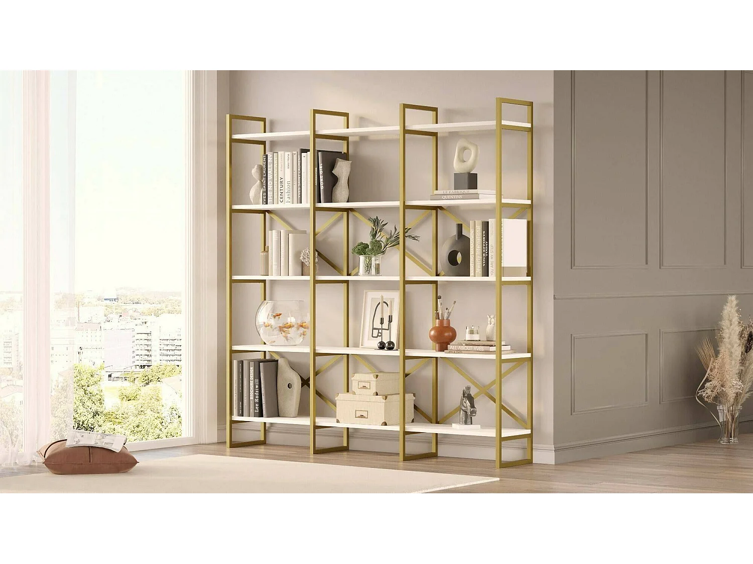 Bibliothèque Sagit, Etagère de bureau, Porte-livre mobile, Librairie, 170x30h175 cm, Blanc et Or