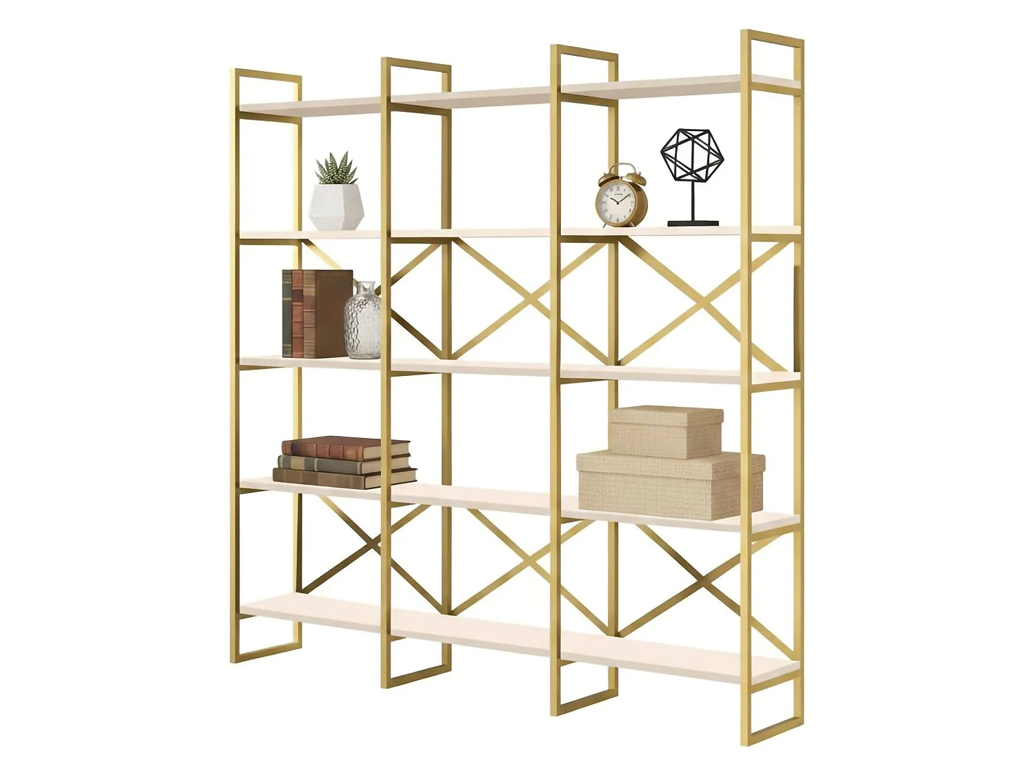 Bibliothèque Sagit, Etagère de bureau, Porte-livre mobile, Librairie, 170x30h175 cm, Blanc et Or