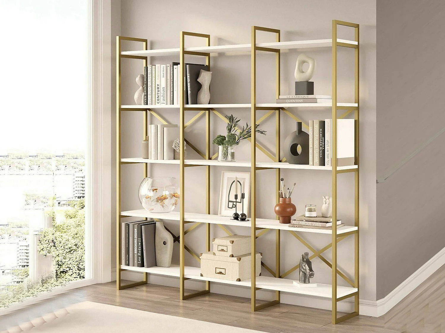 Bibliothèque Sagit, Etagère de bureau, Porte-livre mobile, Librairie, 170x30h175 cm, Blanc et Or