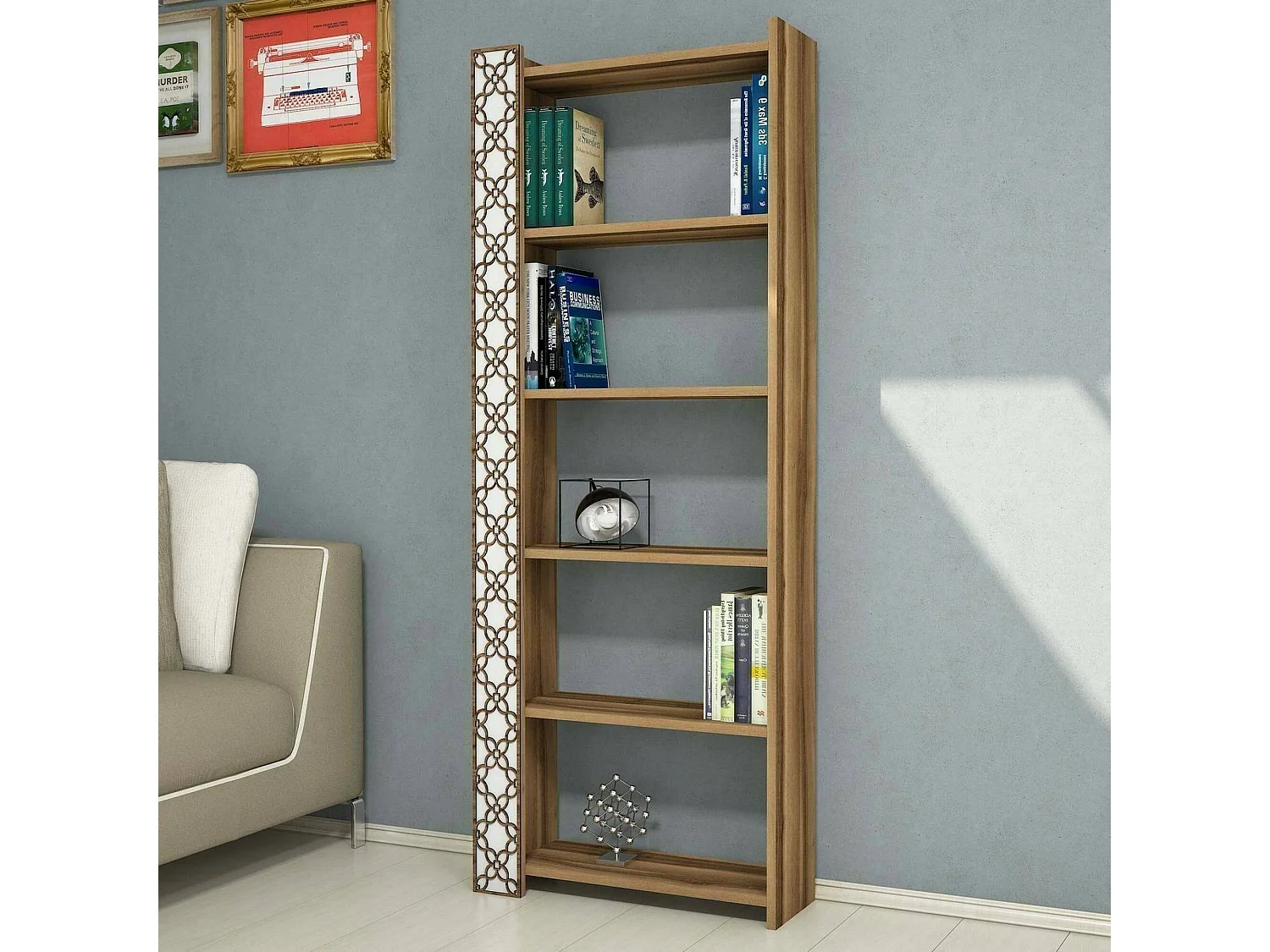 Destéve Boekenkast, Kantoorplank, Boekenkast, Bibliotheek, 65x24h170 cm, Walnoot en Wit