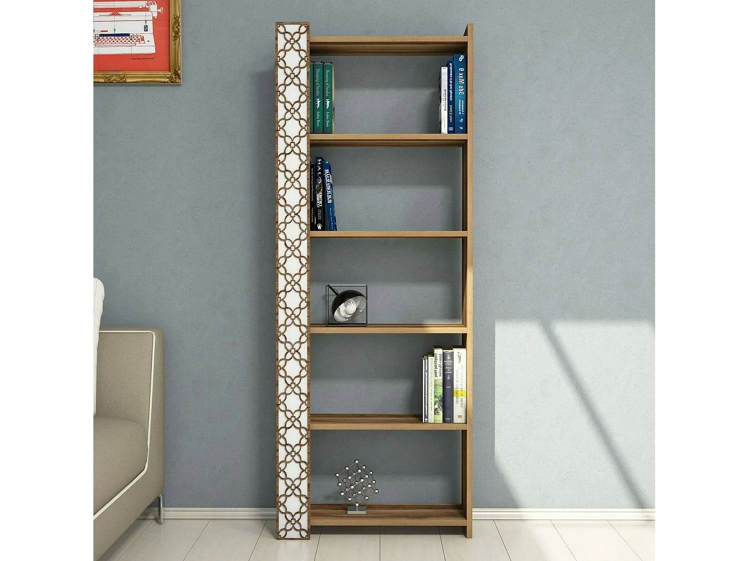 Destéve Boekenkast, Kantoorplank, Boekenkast, Bibliotheek, 65x24h170 cm, Walnoot en Wit