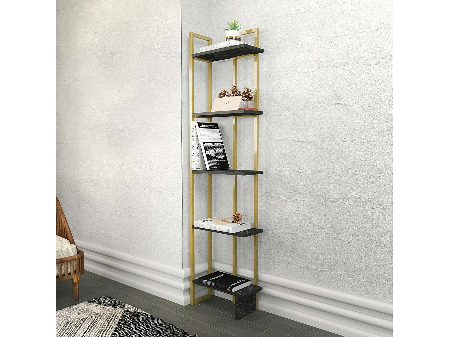 Livraria Dbradari, Prateleira dNo escritório, Porta-livros móvel, Biblioteca, 45x22h180 cm, Preto e Ouro