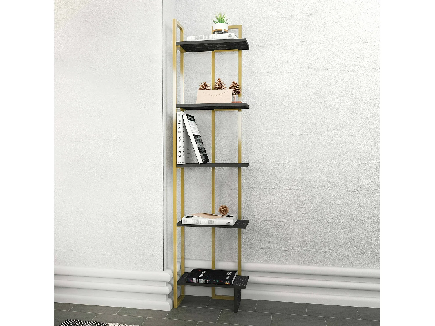 Bibliothèque Alnair, Etagère de bureau, Porte-livre mobile, Librairie, 45x22h180 cm, Noir et Or