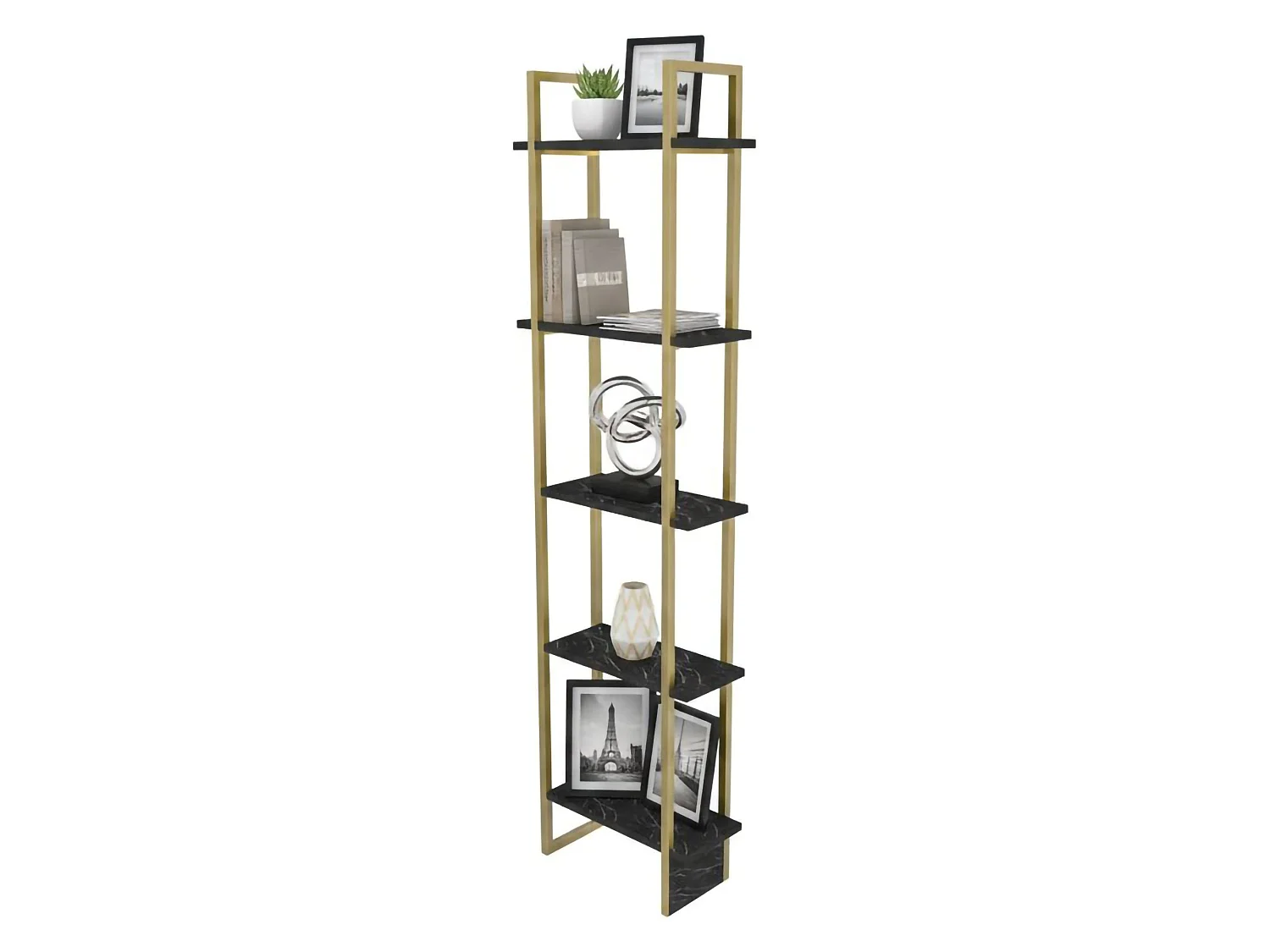 Bibliothèque Alnair, Etagère de bureau, Porte-livre mobile, Librairie, 45x22h180 cm, Noir et Or