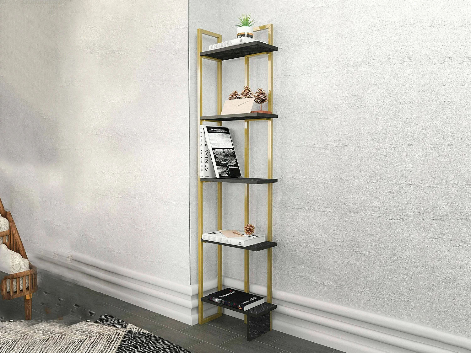 Bibliothèque Alnair, Etagère de bureau, Porte-livre mobile, Librairie, 45x22h180 cm, Noir et Or