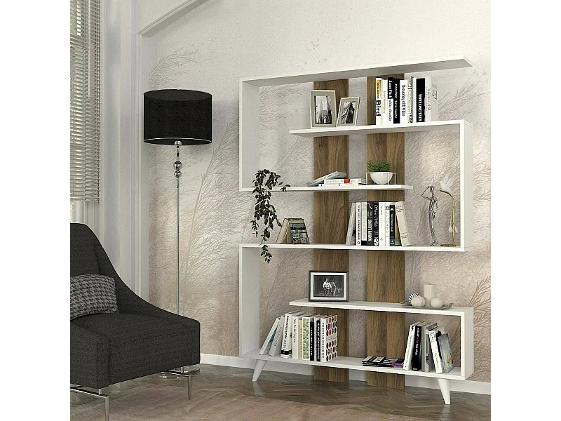 Bibliothèque Gienah, Etagère de bureau, Porte-livre mobile, Librairie, 120x20h162 cm, Blanc et Noyer