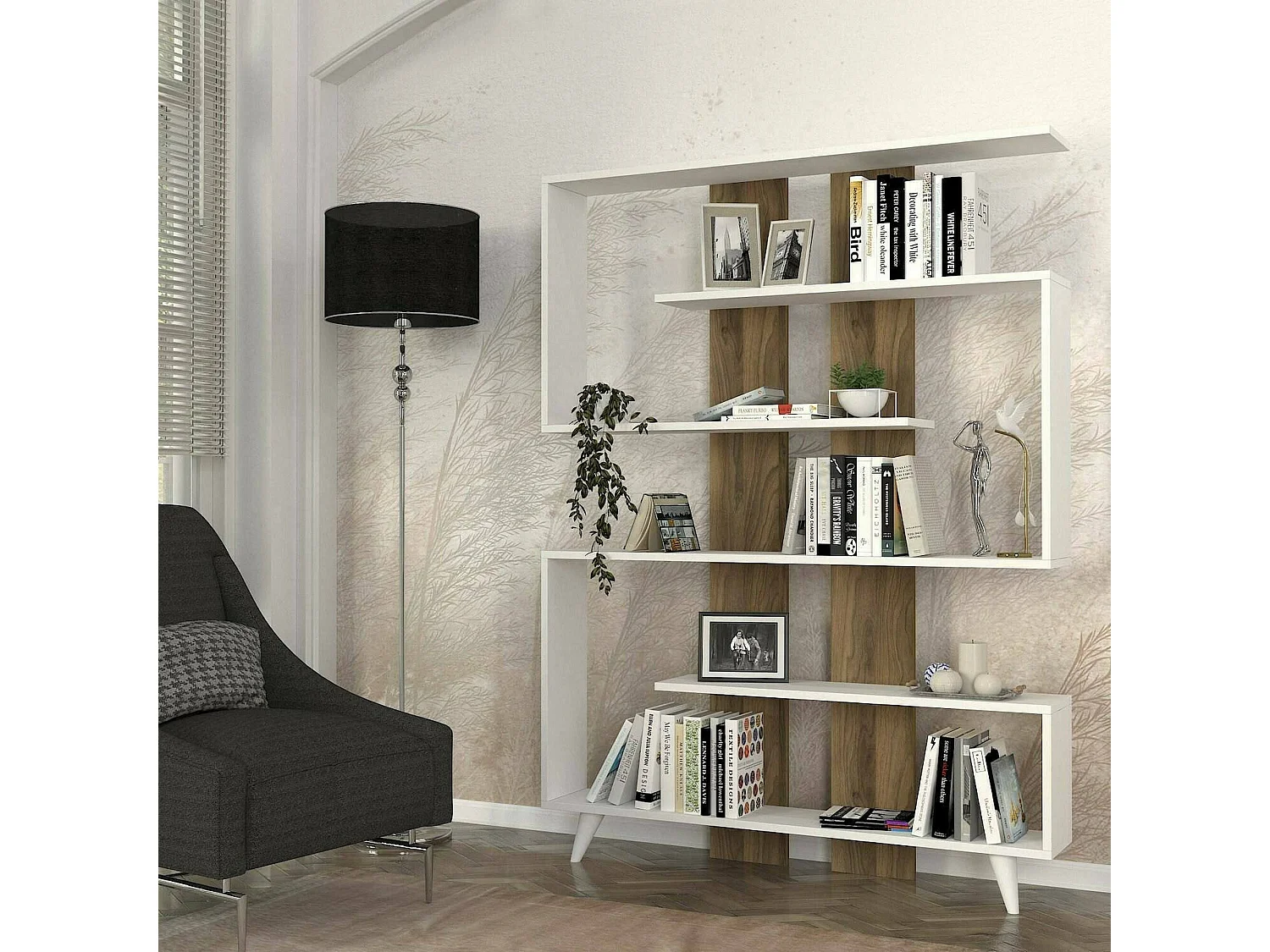 Bibliothèque Gienah, Etagère de bureau, Porte-livre mobile, Librairie, 120x20h162 cm, Blanc et Noyer