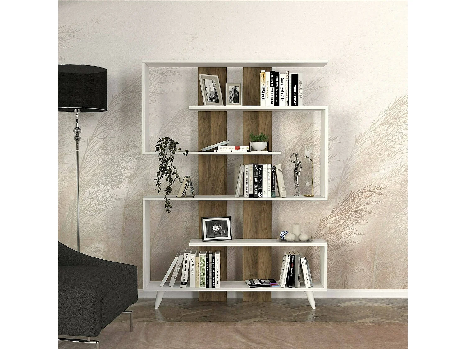 Bibliothèque Gienah, Etagère de bureau, Porte-livre mobile, Librairie, 120x20h162 cm, Blanc et Noyer
