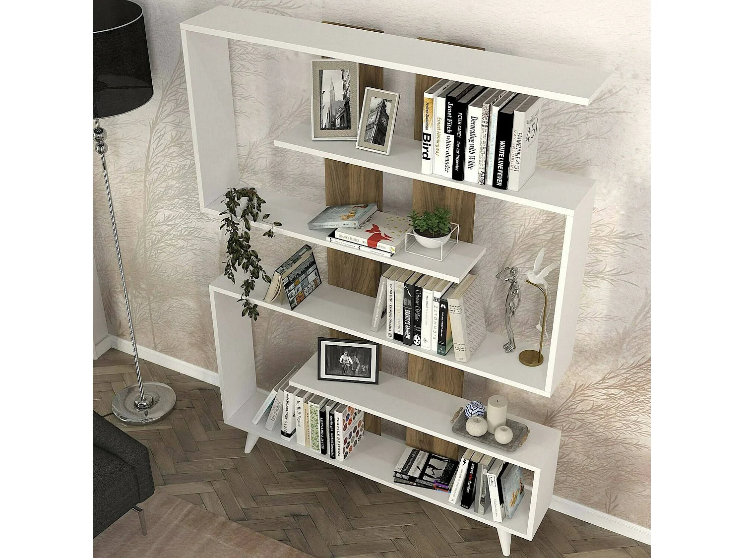 Bibliothèque Gienah, Etagère de bureau, Porte-livre mobile, Librairie, 120x20h162 cm, Blanc et Noyer