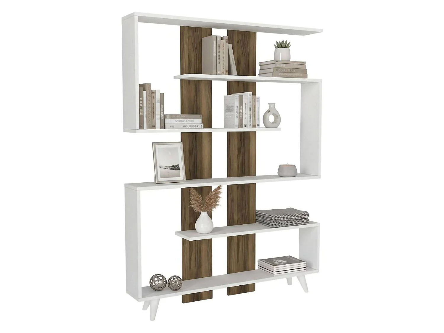 Bibliothèque Gienah, Etagère de bureau, Porte-livre mobile, Librairie, 120x20h162 cm, Blanc et Noyer