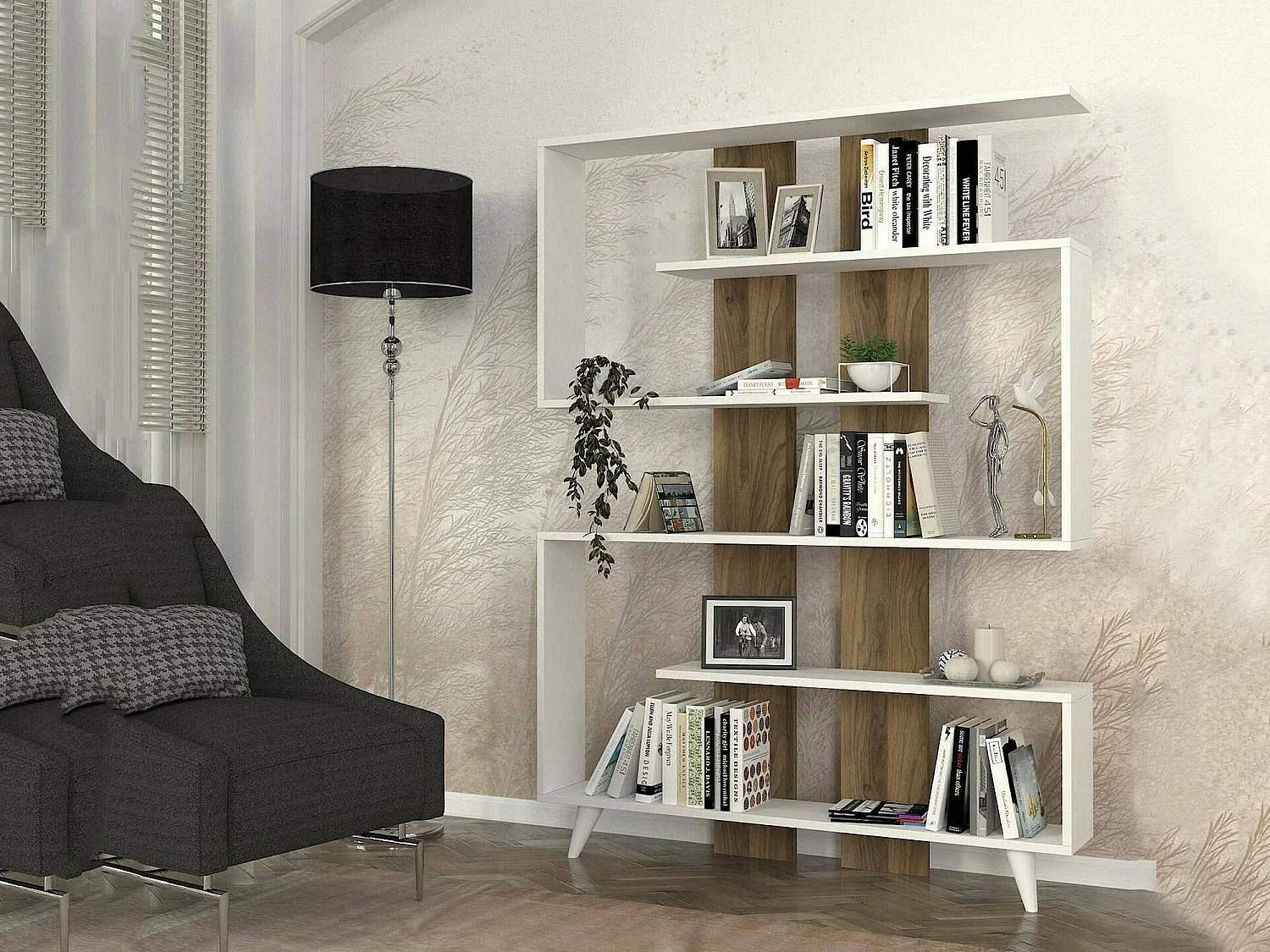 Estante Dmandell, Estante de escritório, Estante de livros, Biblioteca, 120x20h162 cm, Branco e Noz