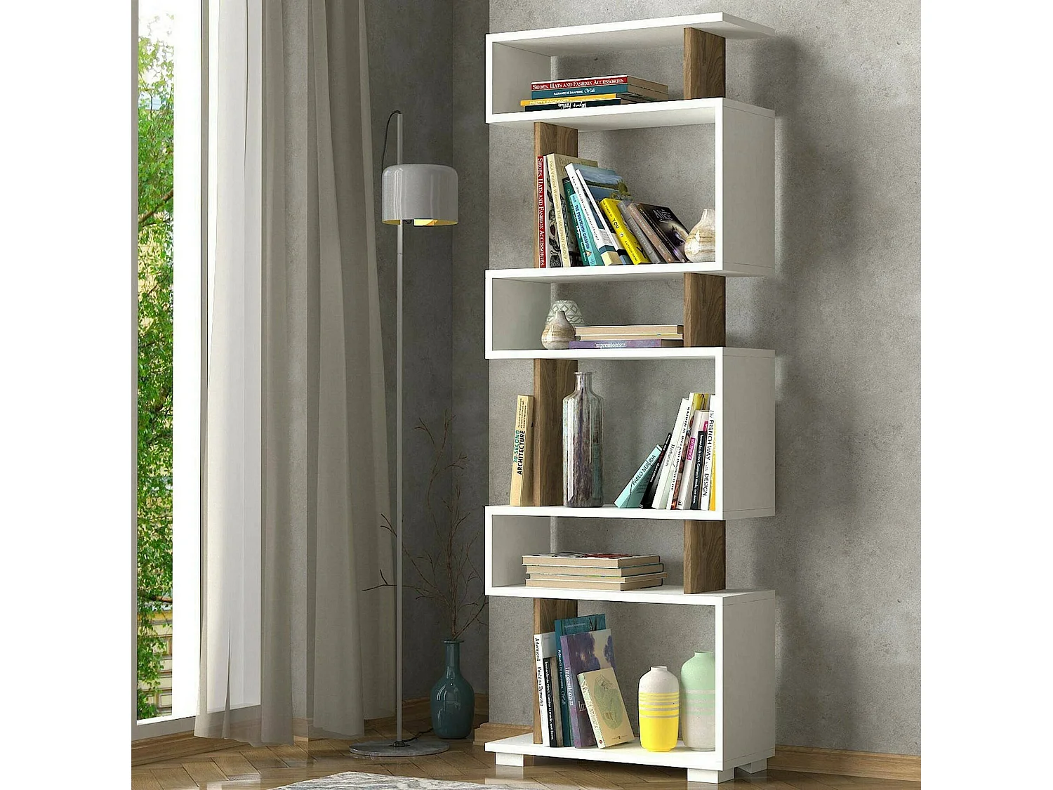 Dpeeter boekenkast, kantoorplank, MobiBoekendragers, Bibliotheek, 60x20h165 cm, Wit en Walnoot