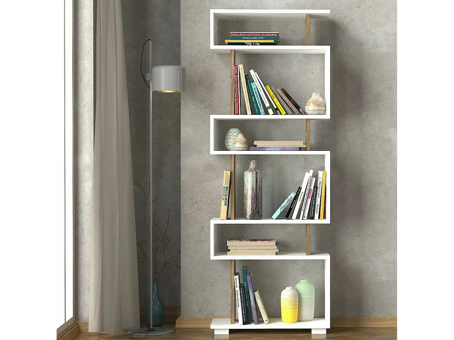 Estante Dpeeter, Prateleira de escritório, MobiOs porta-livros, Biblioteca, 60x20h165 cm, Branco e Noz