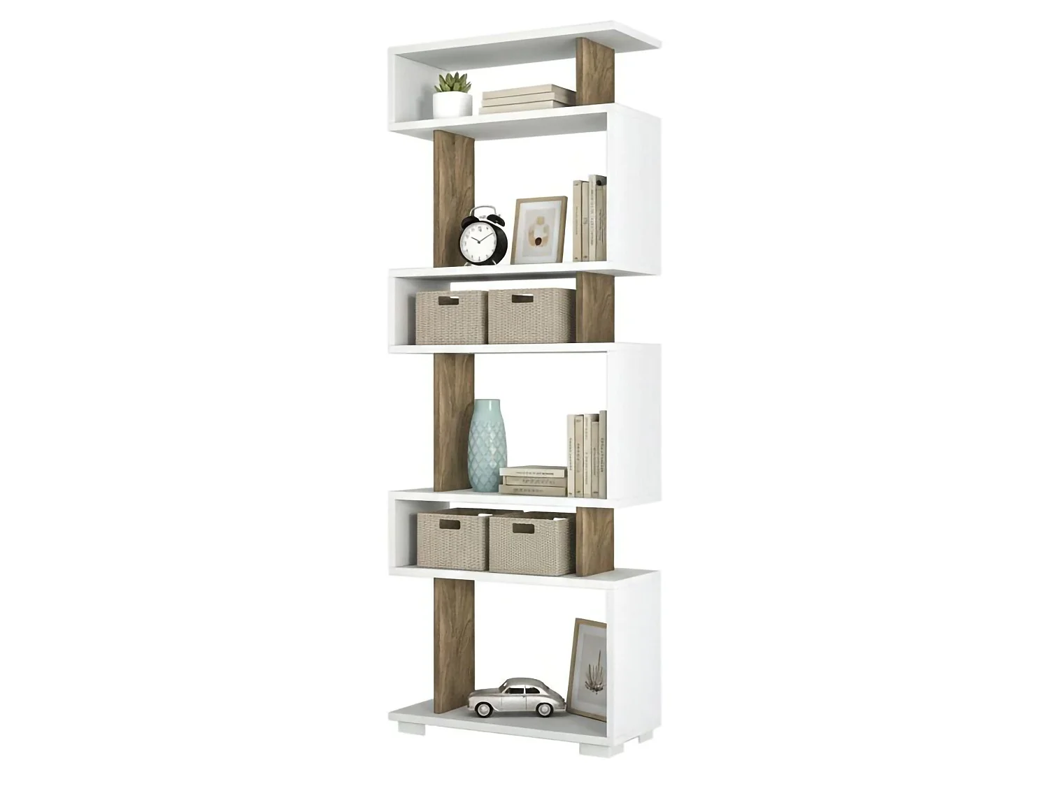 Estante para libros Dpeeter, Estante de oficina, Porta libros móvil, Biblioteca, 60x20h165 cm, Blanco y Nogal