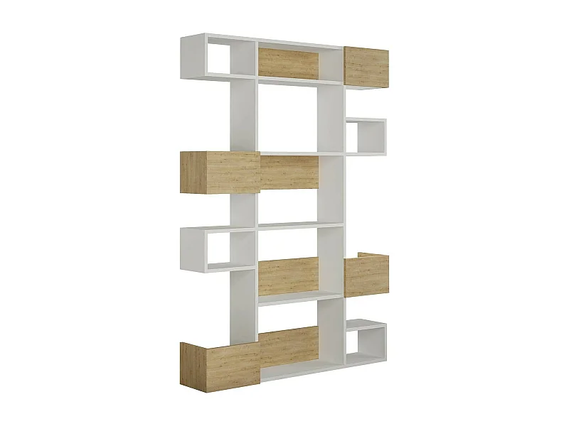 Bibliothèque Thetis, Etagère de bureau, Porte-livre mobile, Librairie, 120x25h171 cm, Blanc et chêne