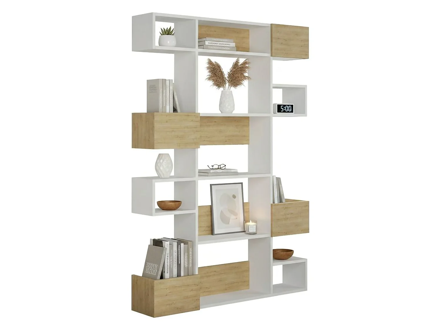 Bibliothèque Thetis, Etagère de bureau, Porte-livre mobile, Librairie, 120x25h171 cm, Blanc et chêne