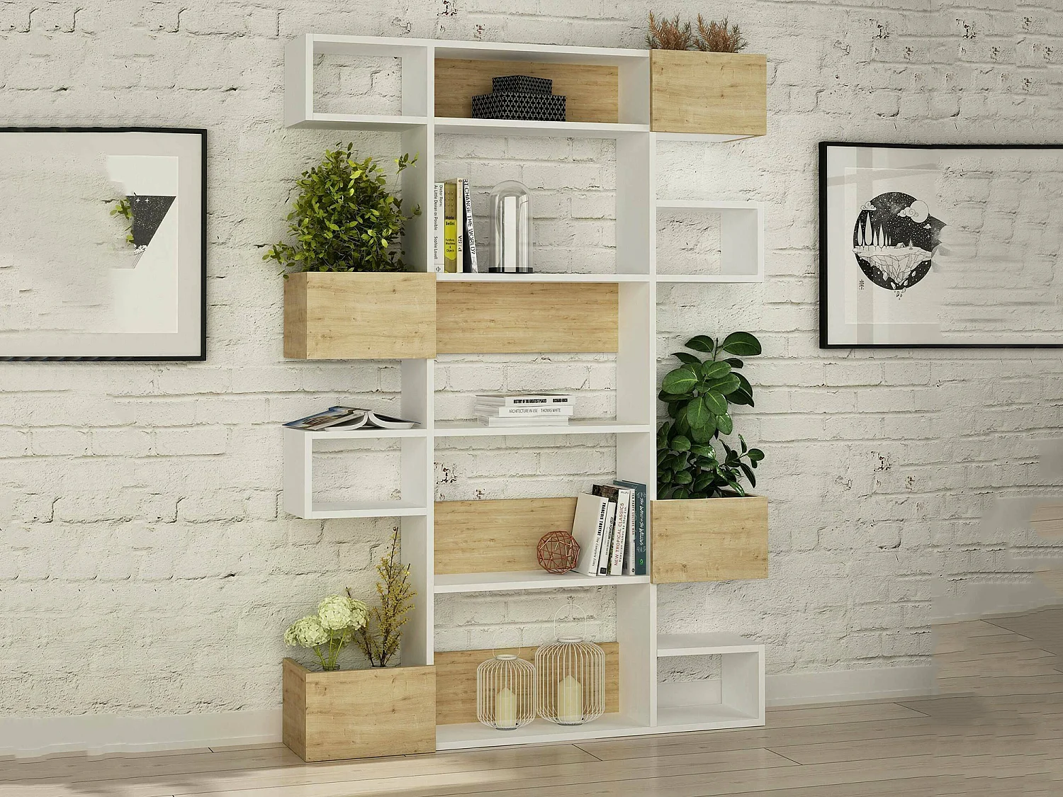 Dpiron Boekenkast, Kantoorplank, Boekenkast, Bibliotheek, 120x25h171 cm, Wit en Eiken