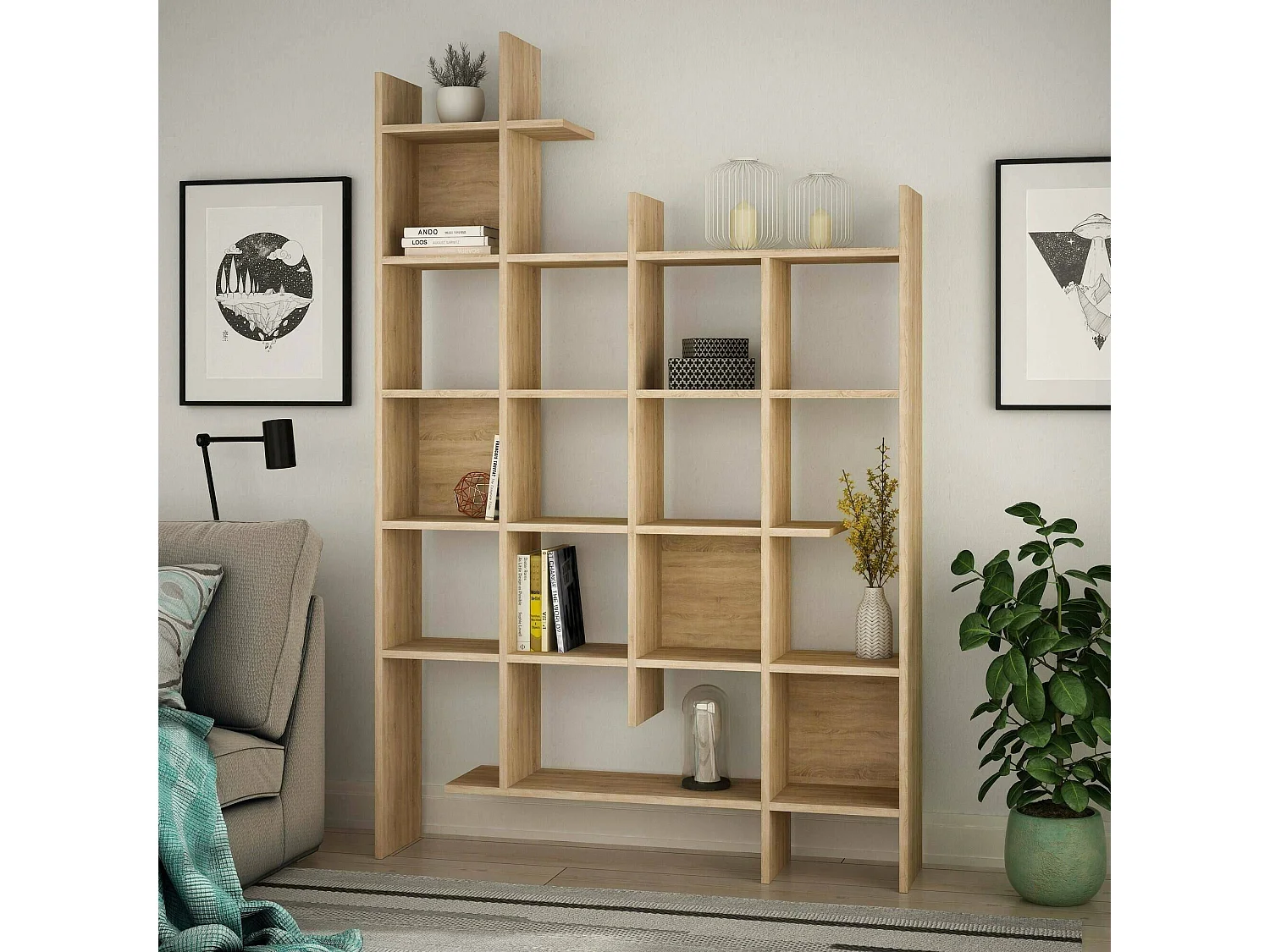 Bibliothèque Chertan, Etagère de bureau, Porte-livre mobile, Librairie, 122x26h188 cm, Chêne