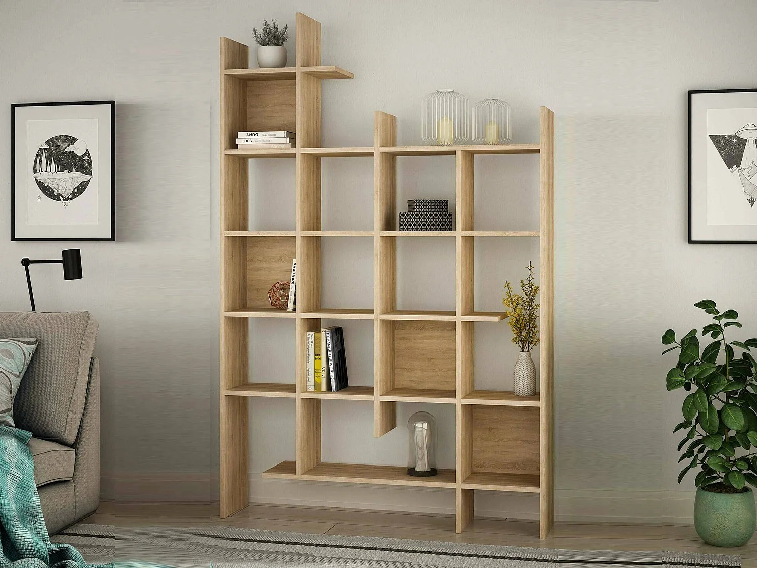 Bibliothèque Chertan, Etagère de bureau, Porte-livre mobile, Librairie, 122x26h188 cm, Chêne