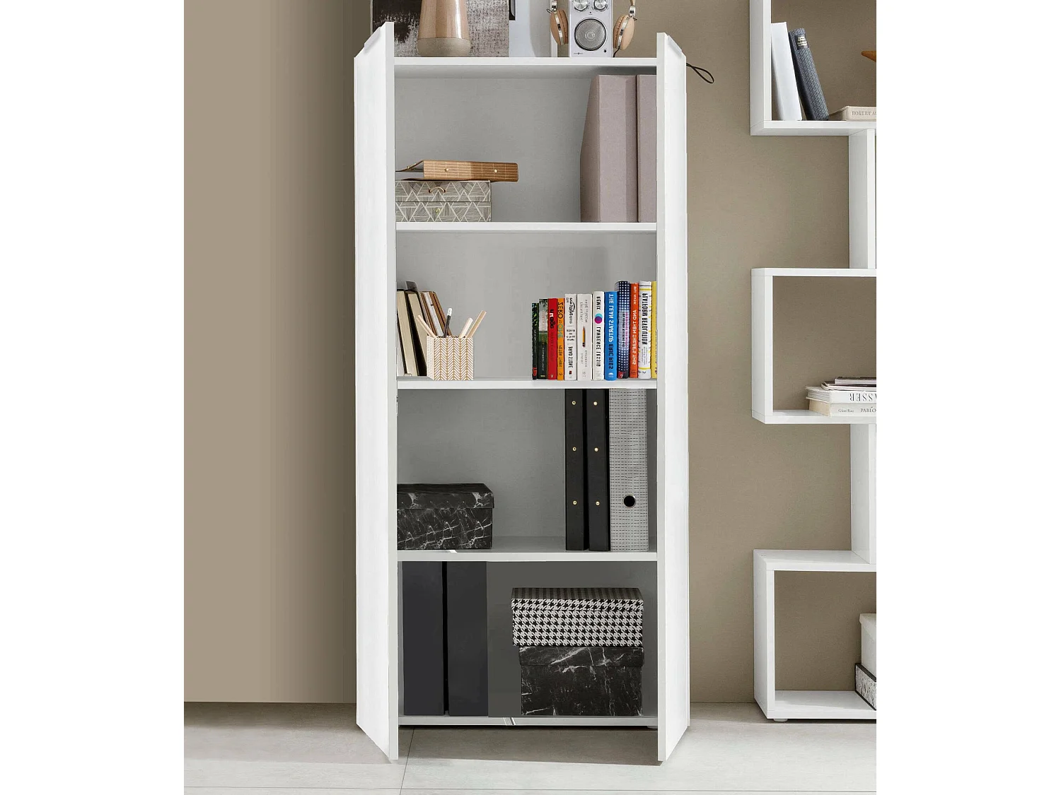 Bibliothèque Vittore, Bibliothèque avec 4 compartiments, Bibliothèque, 70x35h140 cm, Blanc