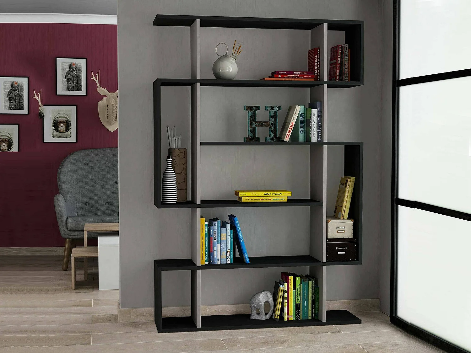 Bibliothèque Adhara, Etagère de bureau, Porte-livre mobile, Librairie, 110x26h161 cm, Anthracite et Beige