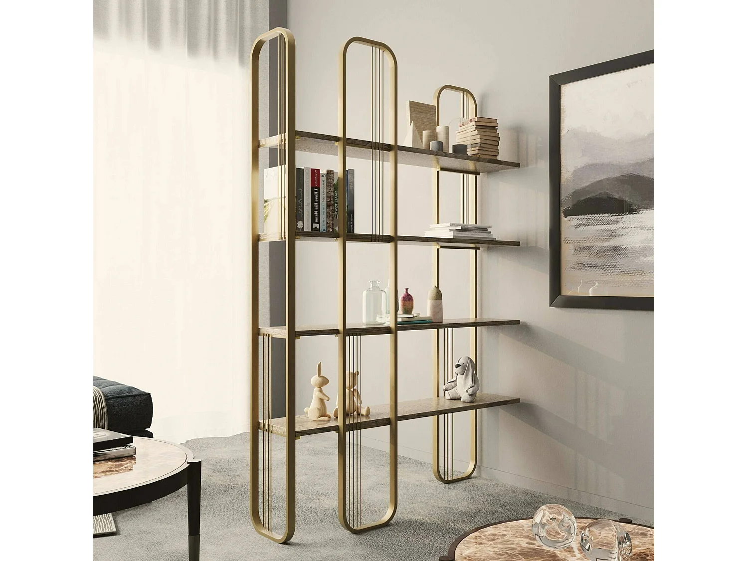 Bücherregal Dbourabi, Büroregal, Mobiler Buchhalter, Bücherbrett, 125x28h180 cm, Gold