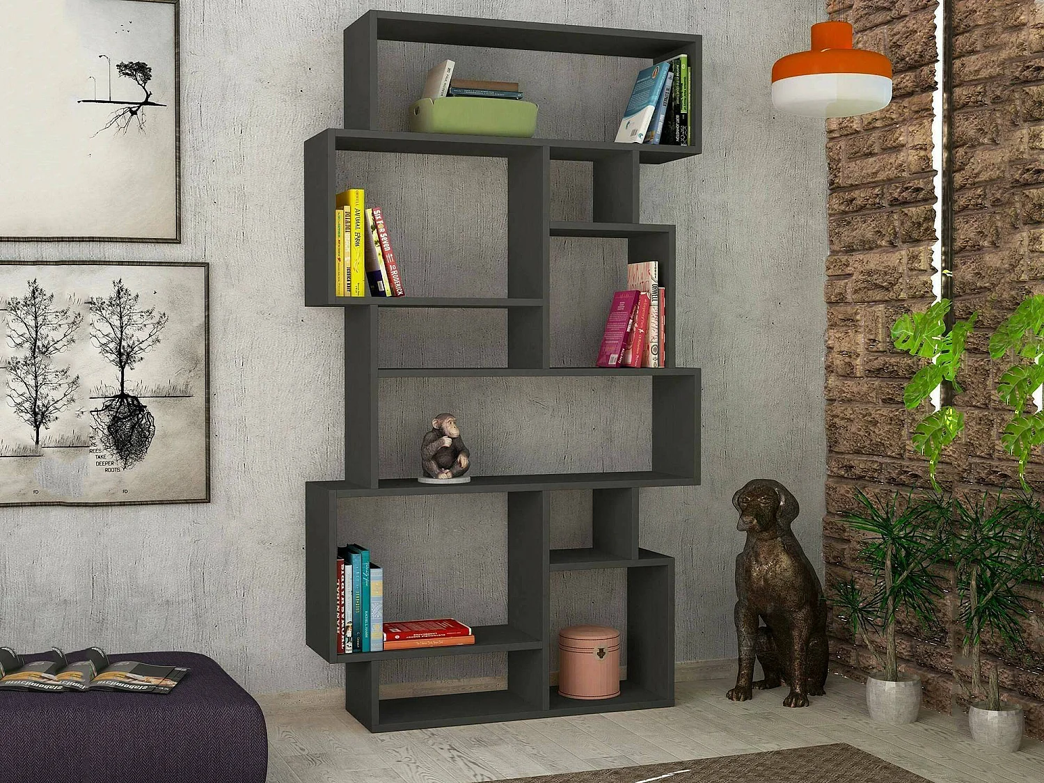 Bibliothèque Gacrux, Etagère de bureau, Porte-livre mobile, Librairie, 96x26h169 cm, Anthracite