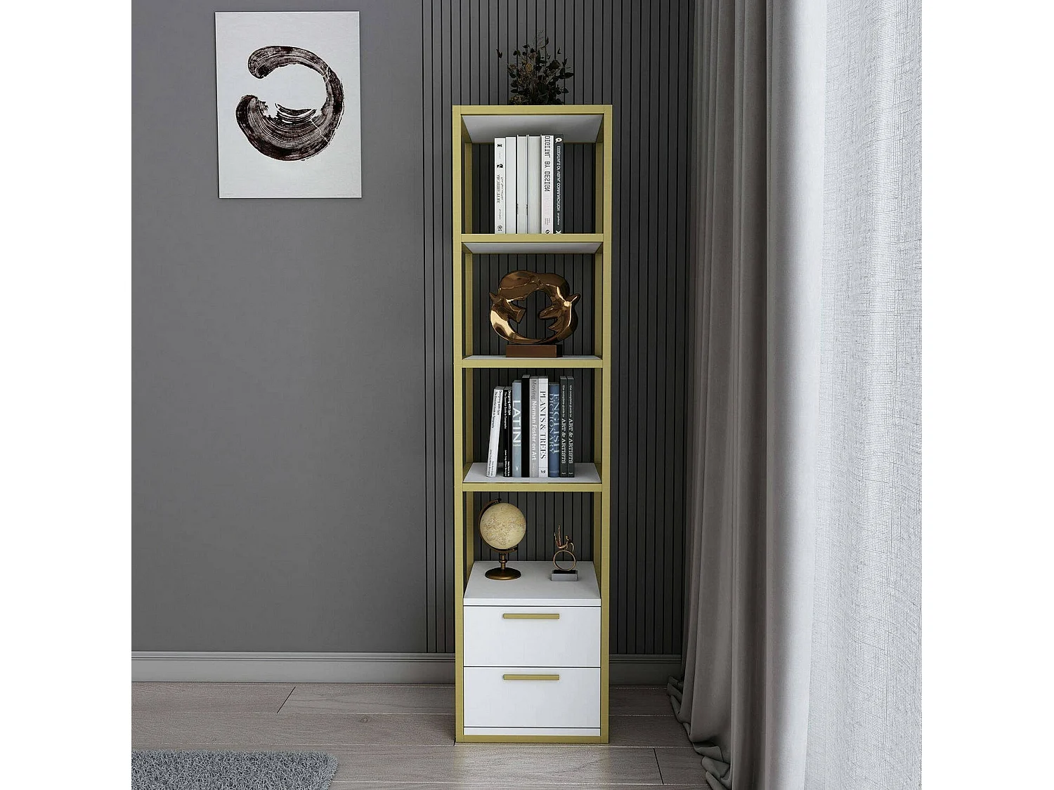 Bibliothèque Artemis, Etagère de bureau, Porte-livre mobile, Librairie, 39x39h169 cm, Or et Blanc