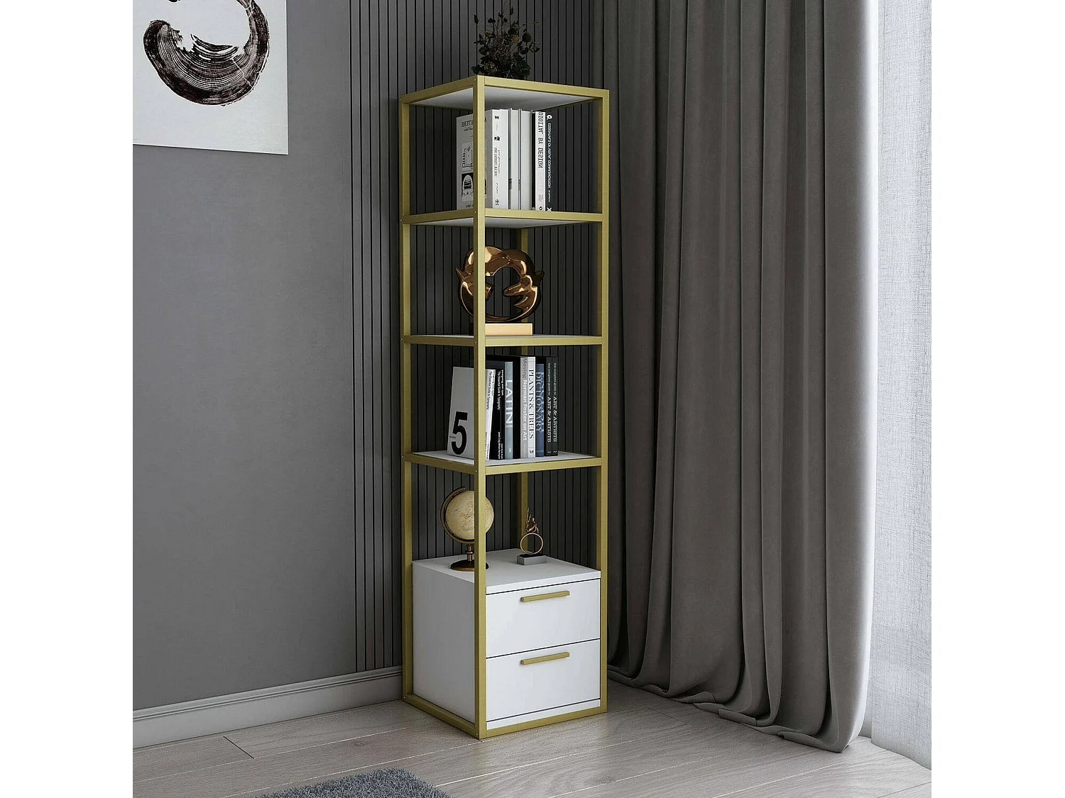 Bibliothèque Artemis, Etagère de bureau, Porte-livre mobile, Librairie, 39x39h169 cm, Or et Blanc