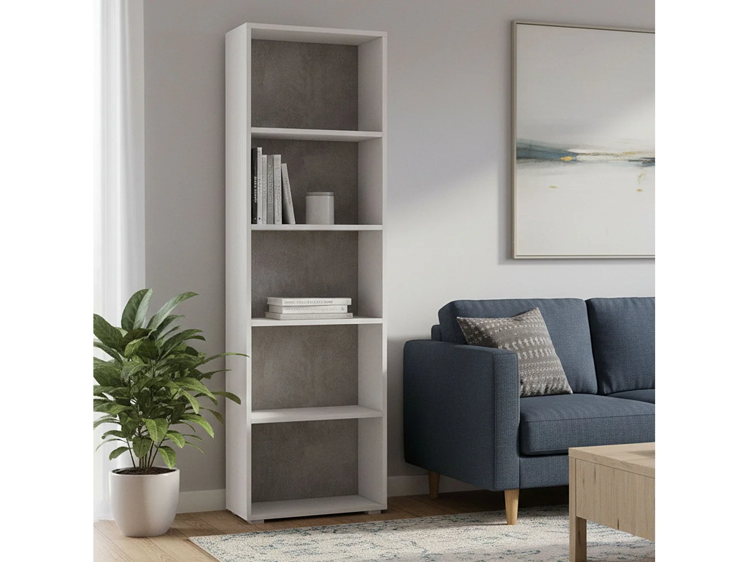 Dmora Boekenplank Zonnebloem 30x60x195 cm grijs 5 planken verstelbaar, Vrijstaande Bibliotheek Made in Italy