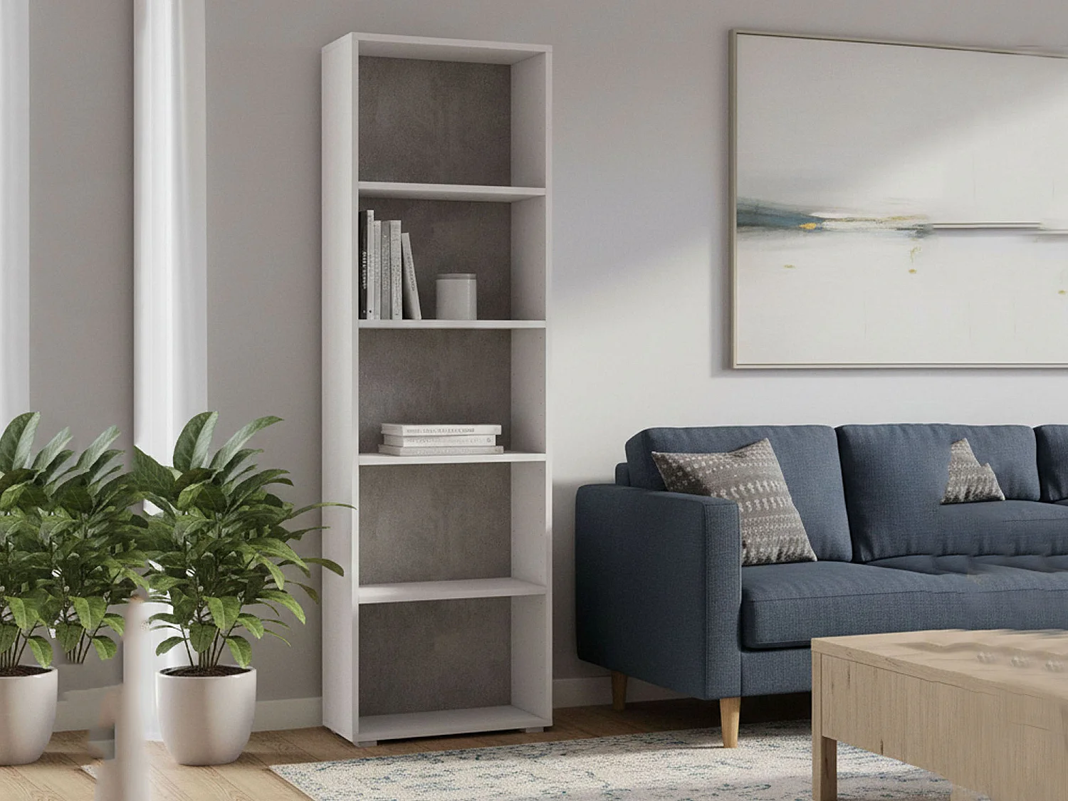 Dmora Boekenplank Zonnebloem 30x60x195 cm grijs 5 planken verstelbaar, Vrijstaande Bibliotheek Made in Italy