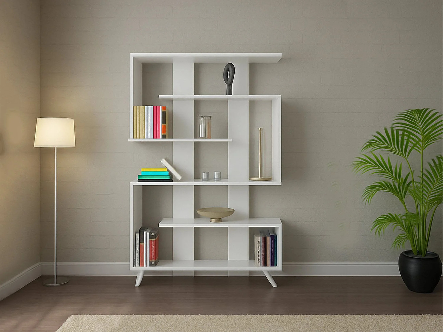 Bibliothèque Gienah, Etagère de bureau, Porte-livre mobile, Librairie, 120x20h162 cm, Blanc