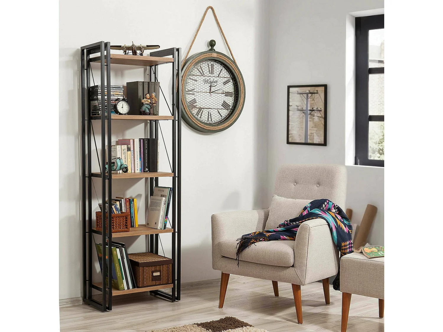 Bibliothèque Sol, Etagère de bureau, Porte-livre mobile, Librairie, 60x35h180 cm, Chêne et Noir