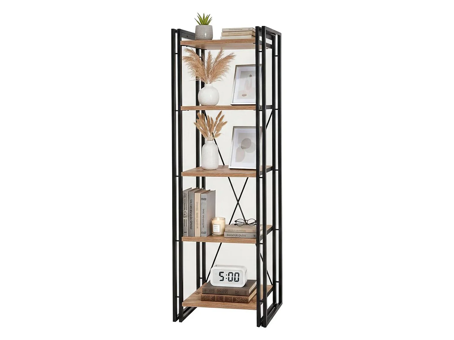 Bibliothèque Sol, Etagère de bureau, Porte-livre mobile, Librairie, 60x35h180 cm, Chêne et Noir