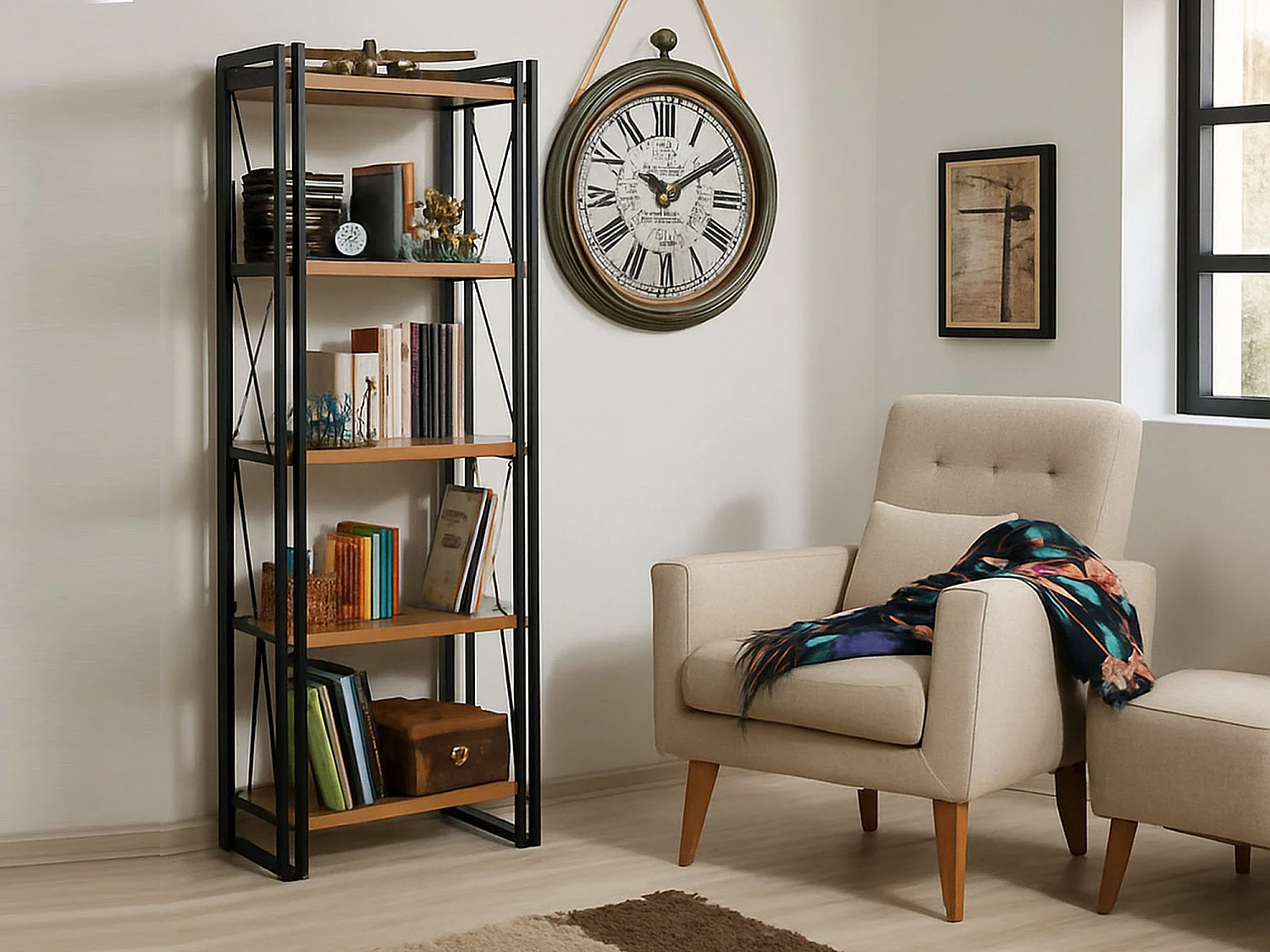 Bibliothèque Sol, Etagère de bureau, Porte-livre mobile, Librairie, 60x35h180 cm, Chêne et Noir