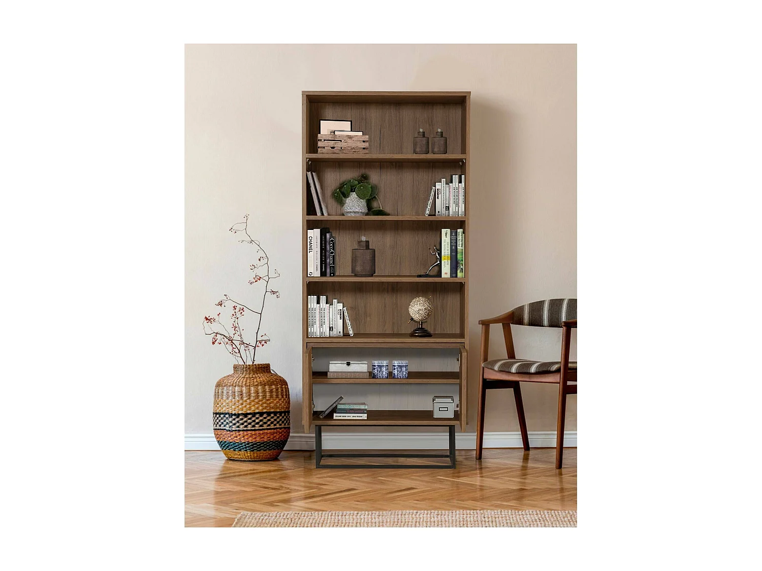 Bibliothèque Almeni, Etagère de bureau, Porte-livre mobile, Librairie, 80x36h182 cm, Noyer et Noir