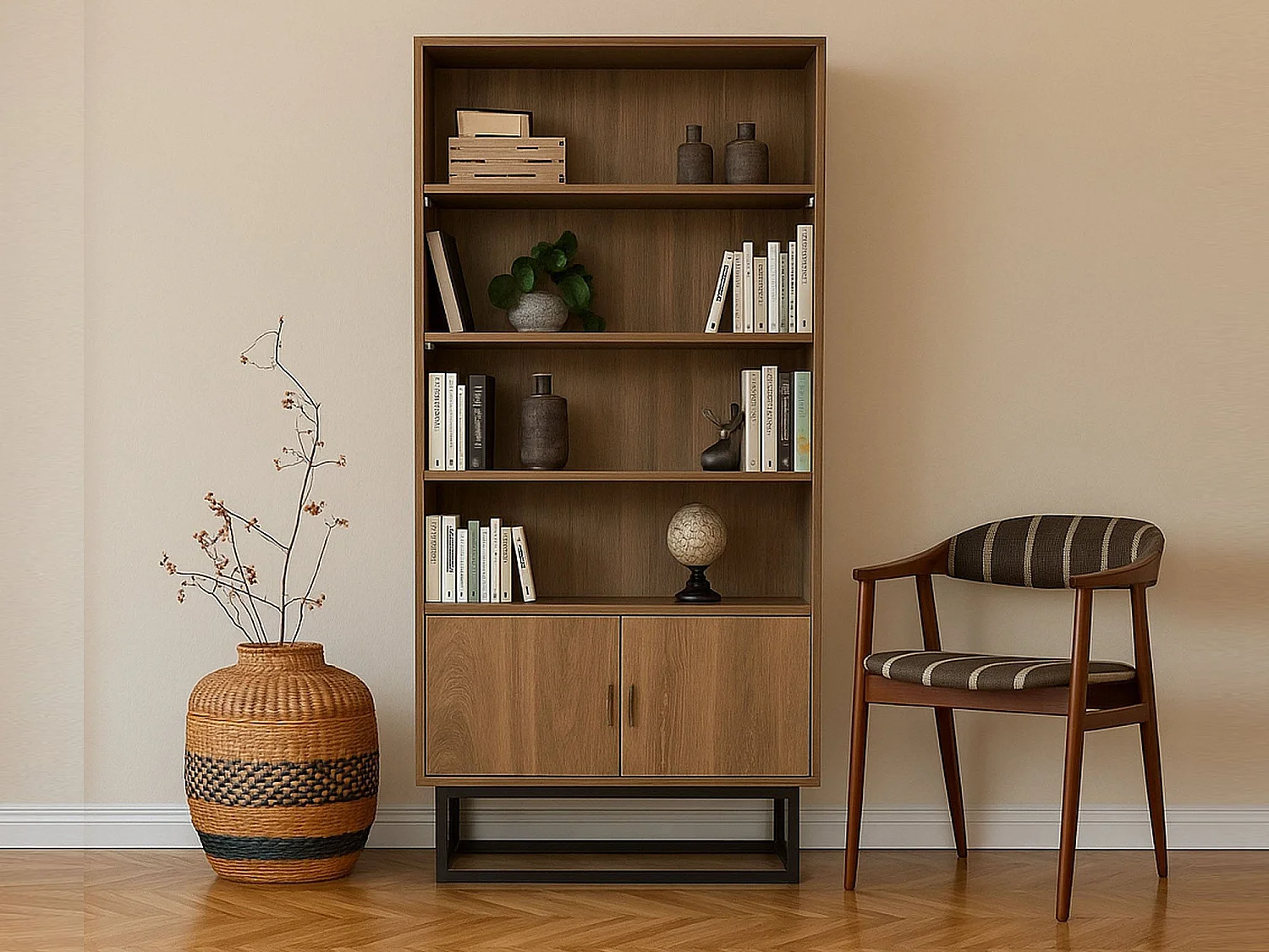 Estante Dbozhana, Estante de escritório, Porta-livros móvel, Biblioteca, 80x36h182 cm, Noz e Preto