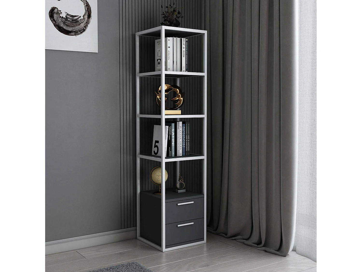Estante para libros Dfogliat, Estante de oficina, Porta libros móvil, Biblioteca, 39x39h169 cm, Blanco y Antracita