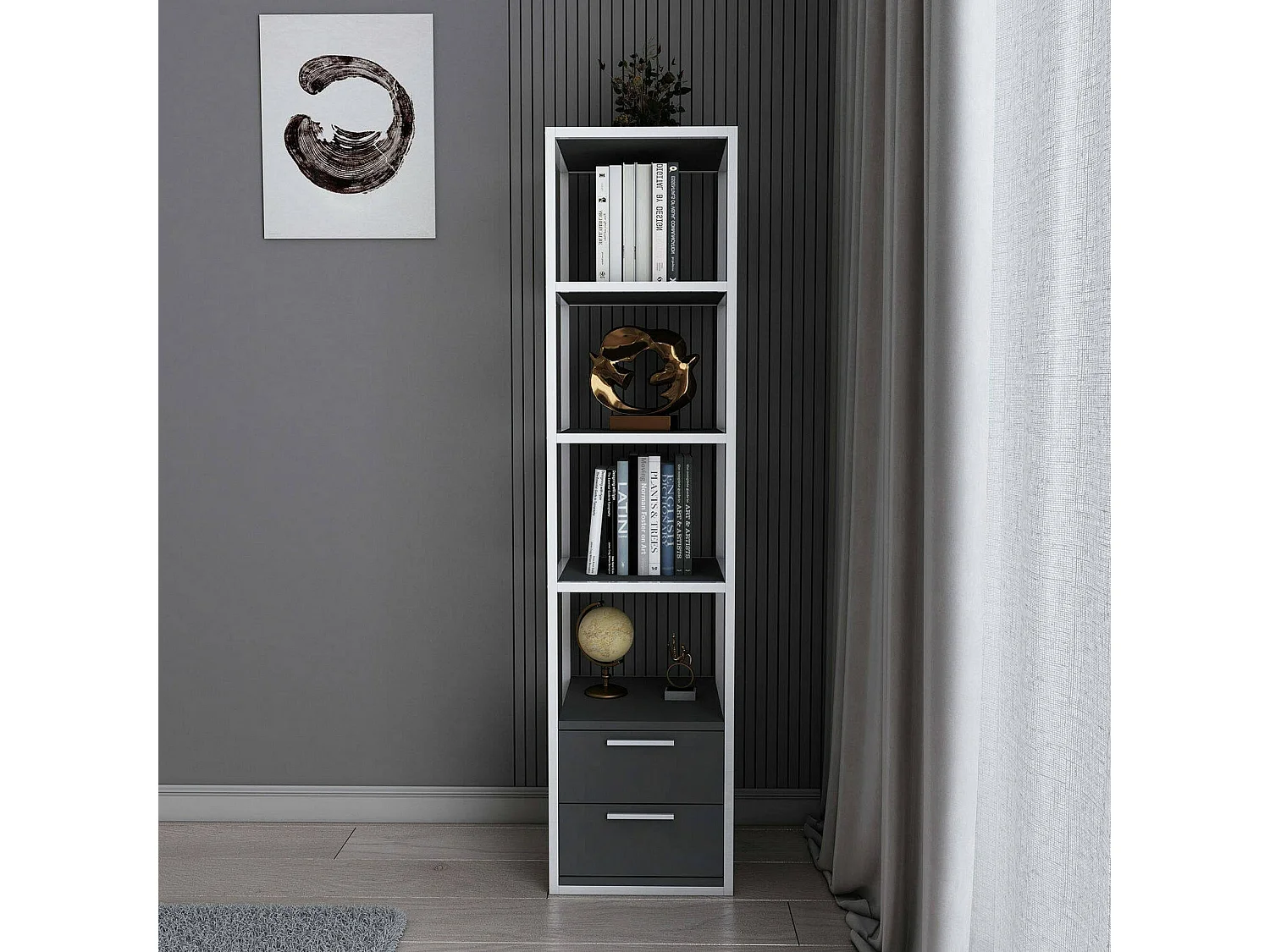 Estante para libros Dfogliat, Estante de oficina, Porta libros móvil, Biblioteca, 39x39h169 cm, Blanco y Antracita